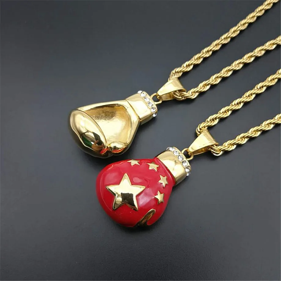 Hip Hop Iced Out Bling Boxing Gloves Pendant Necklace For Men Gold Color Chinese/American Flag Necklaces Male Jewelry | Украшения и