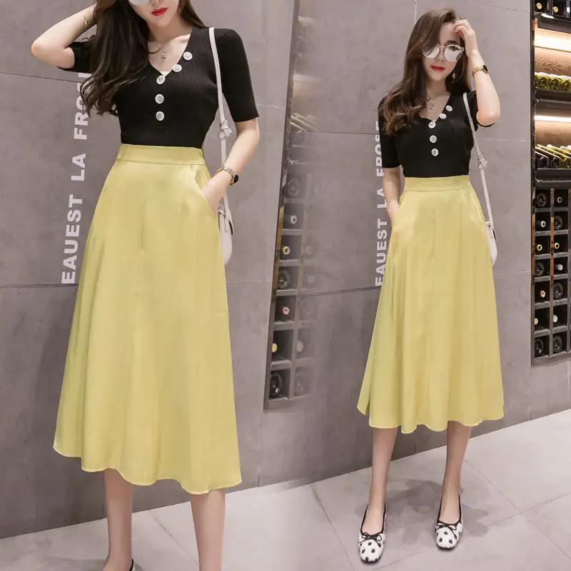 Модная Корейская женская летняя юбка черные юбки элегантные до середины икры с