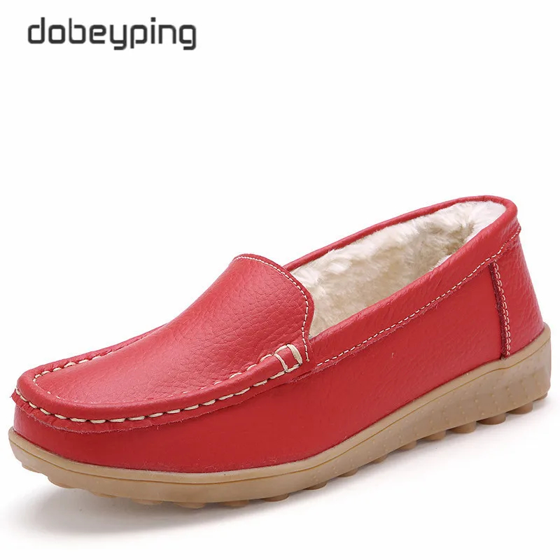 Wine Red Dobeyping/Женская обувь на плоской подошве из натуральной кожи; Новинка; зимние плюшевые водонепроницаемые мокасины; женские теплые лоферы; мокасины; хлопковая обувь для мам - Цвет: Wine Red