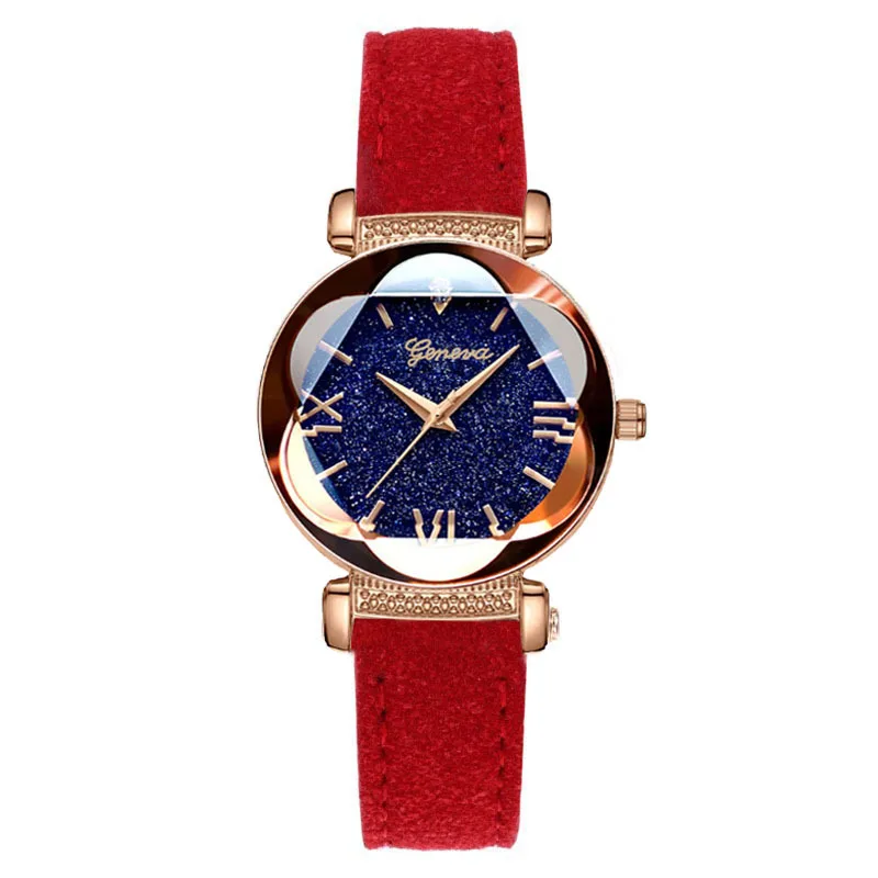 

Luxury Rose Gold Watch Women Fashion Ladies Watch Flower Shape Dial Crystal Starry Sky Women's Casual Leather Wristwatches Clock