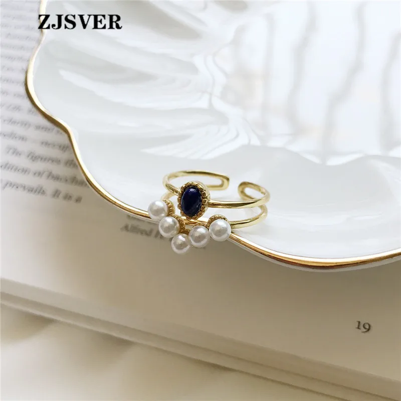 ZJSVER Korean Jewelry 925 Sterling Silver Rings Golden Retro Double Layer Pearl Crystal Women Ring Attend Banquet Or Party | Украшения и