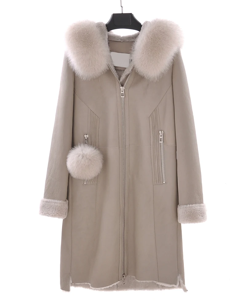 New Arrival Real Sheepskin Lady Coat With Fox Fur Collar With Long Sleeve Zipper Elegent Style Thick Warm Fur