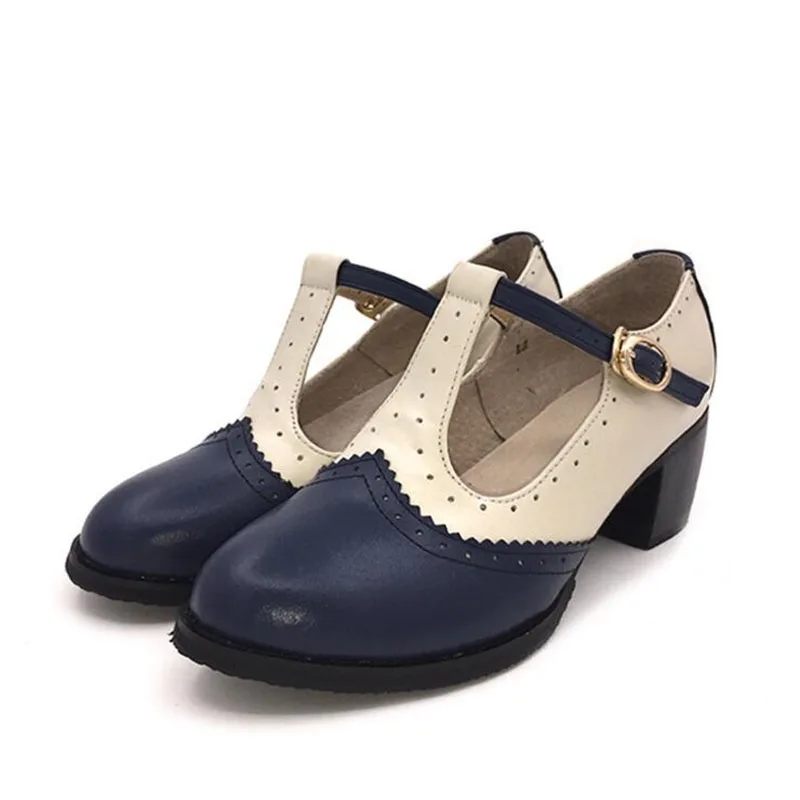 BLUE BEIGE Летняя женская обувь из натуральной кожи с Т-образным ремешком 10,5 г. женские туфли-оксфорды ручной работы с круглым носком розового, черного, коричневого цвета г. на высоком каблуке - Цвет: BLUE BEIGE