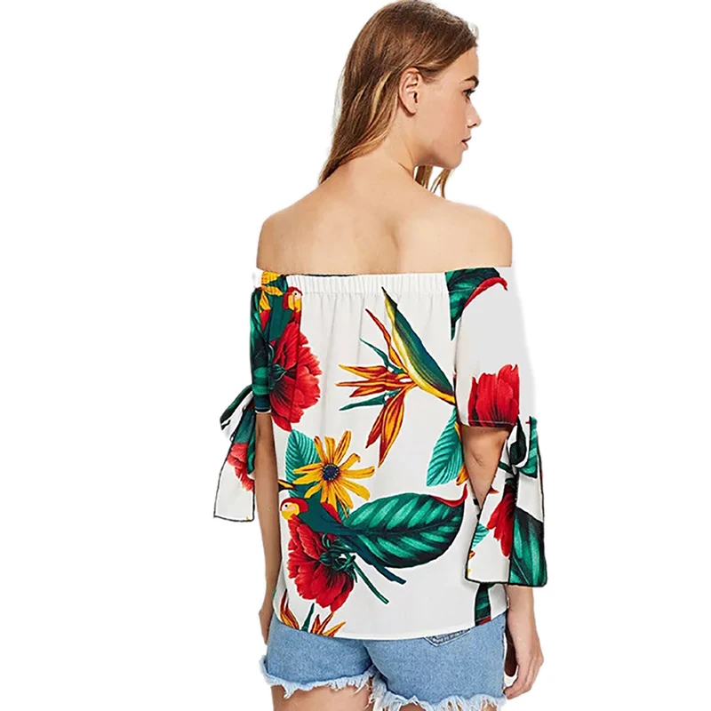 

Women Sexy Strapless Shirt Streetwear Women Off Shoulder Leaf Printed Short Sleeve Blouse
