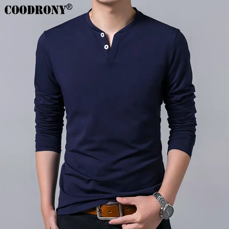 COODRONY, Мужская футболка,, весна, осень, новинка, длинный рукав, Генрих, воротник, футболка, мужская, брендовая, мягкая, чистый хлопок, тонкая, подходят, футболки, 7625