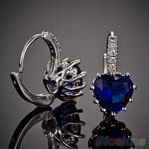 Женские серьги с сердцем из белого и синего кристалла левербэк C6Y8 | Украшения