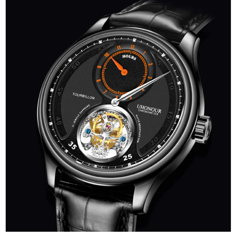 Black Dial Black Креативные спортивные роскошные Турбийон мужские механические часы из натуральной крокодиловой кожи мужские часы ST8006 мужские часы 50 м водонепроницаемые - Цвет: Black Dial Black