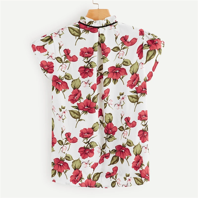 SHEIN Топ С Воротником-Бантом И Цветочным Принтом Женская Многоцветная Летняя Богемная Блузка Со Стоячим Воротником