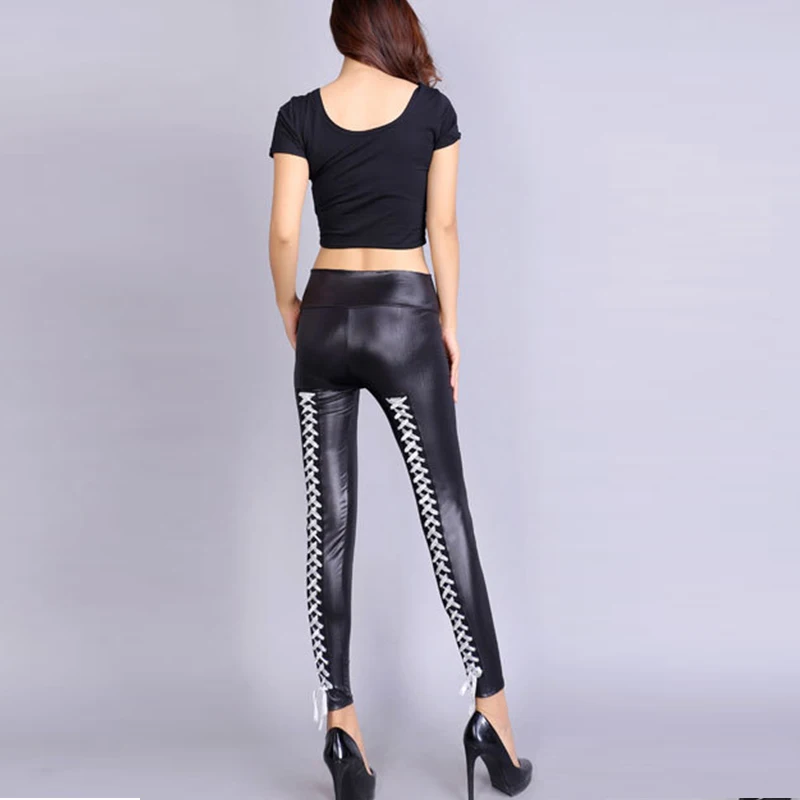 Женские леггинсы из искусственной кожи с высокой талией на шнуровке