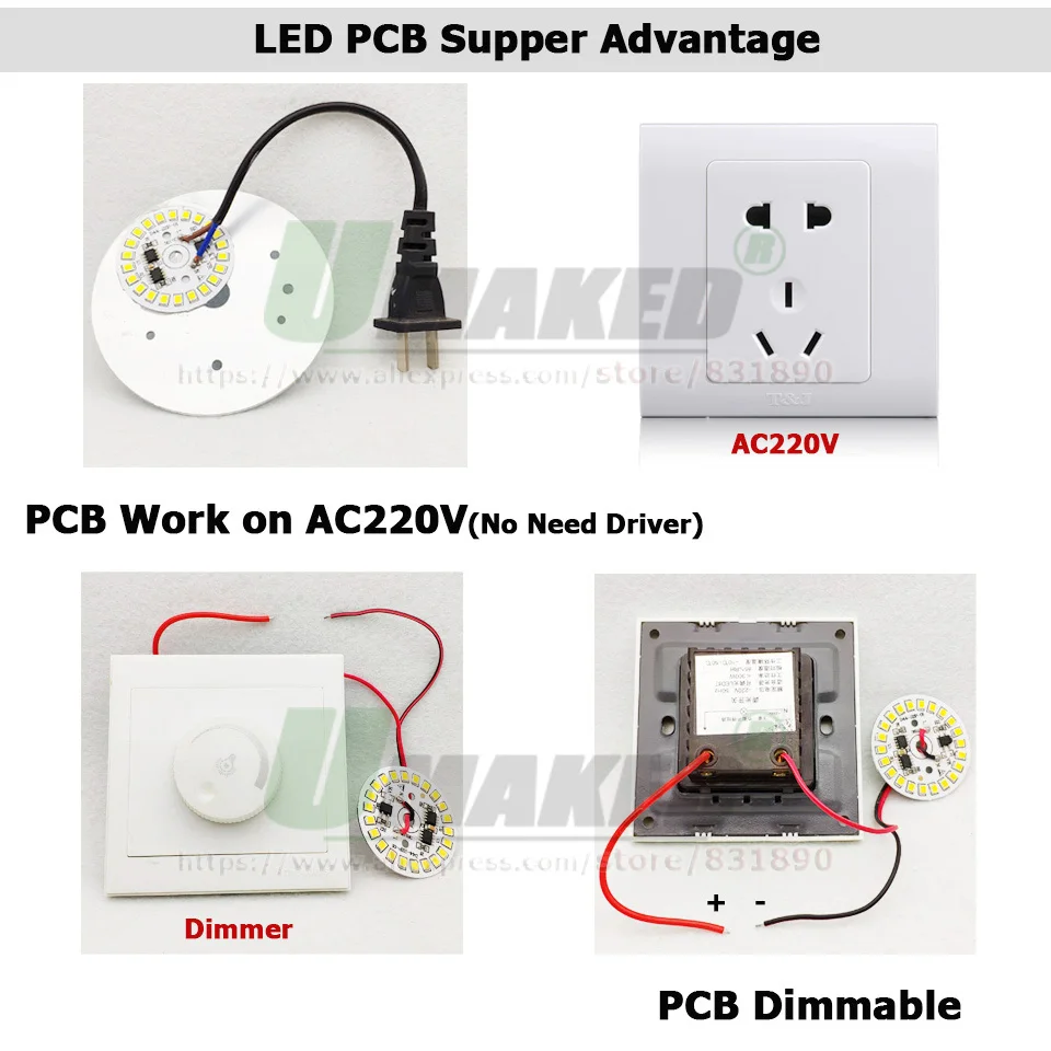 AC220V светодиодный модуль 3W5W, 7 Вт, 9 Вт, 12 Вт, 15 Вт, 18 Вт, светодиодный светильник PCB Алюминий пластины Луженая 20 см кабель SMD2835 Smart IC драйвер потолочный светильник «сделай сам»
