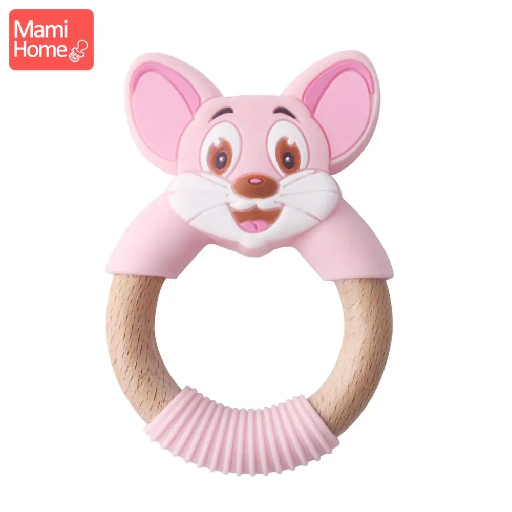 Pink Mouse Ring Mamihome Baby Wooden Teether Animal Ring Silicone Rodent Beech Wooden Blank Rabbit Ears baby products Toys Pacifier Pendant Gift - Цвет: Pink Mouse Ring