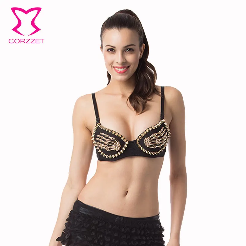 Gothic Gold Skeleton Hands Spike Bra Push Up Brassiere Underwear Women Punk Clubwear Rivet Studded Bras Bralette Sexy Lingerie | Женская
