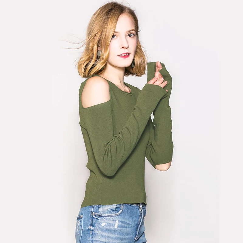 Sexy Hollow Out Design Sweater Women Long Sleeve Off-Shoulder Split Pullovers Black Green Red Knitting Sweaters Autumn Winter | Женская