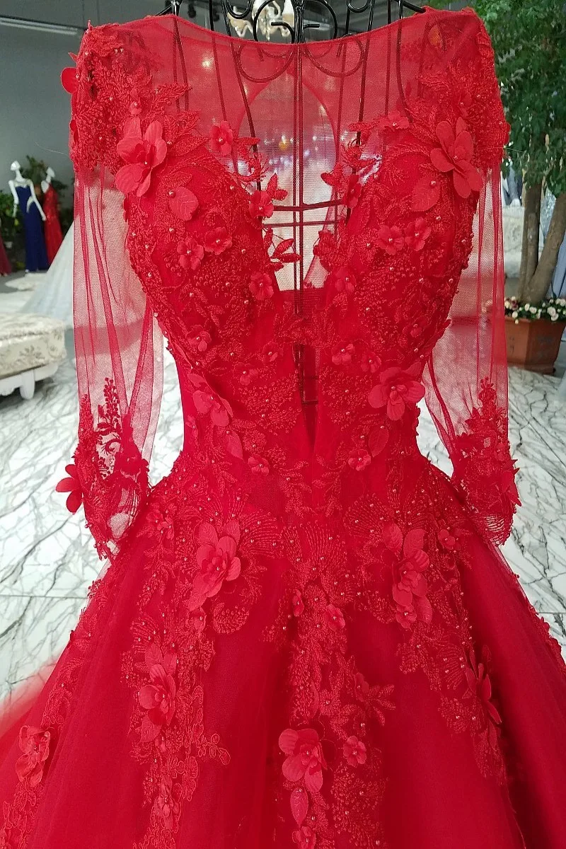 Красное платье для свадьбы 2018 кружевное бальное с круглым вырезом и