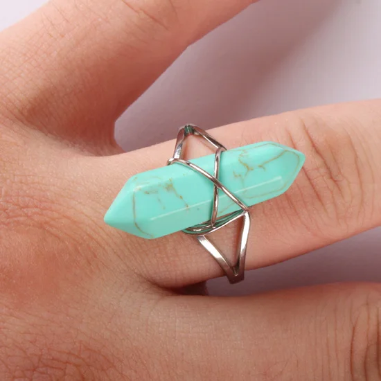 green turquoise Флюорит Фиолетовый Кристалл Розовый кварцевый кристалл опал прозрачный кристалл Howlite камень оникс биконус бусина граненая стальная проволока обмотка кольцо 1 шт - Цвет основного камня: green turquoise