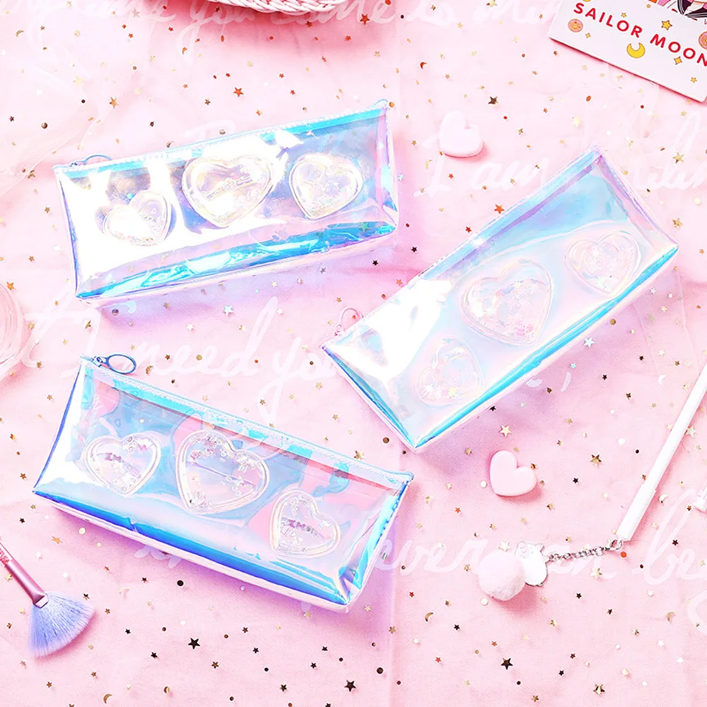 Кавайный лазерный чехол для карандашей в форме сердца с переливающимся лазером и