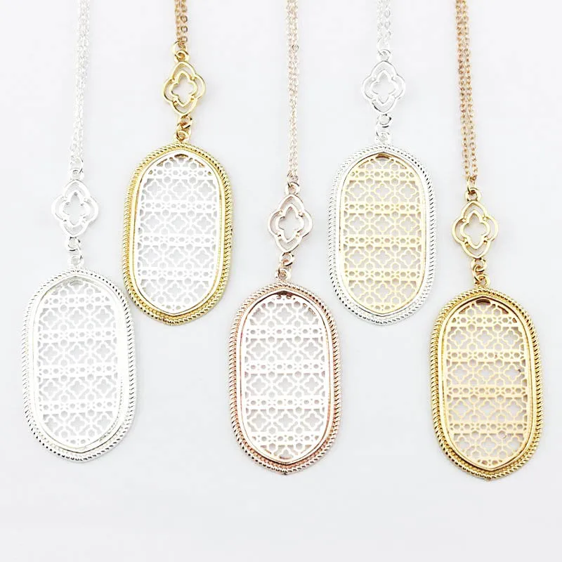 

Cut Off Gold Filigree Magnolia Quatrefoil Oval Pendant Long Chain Statement Necklaces for Fashion Women