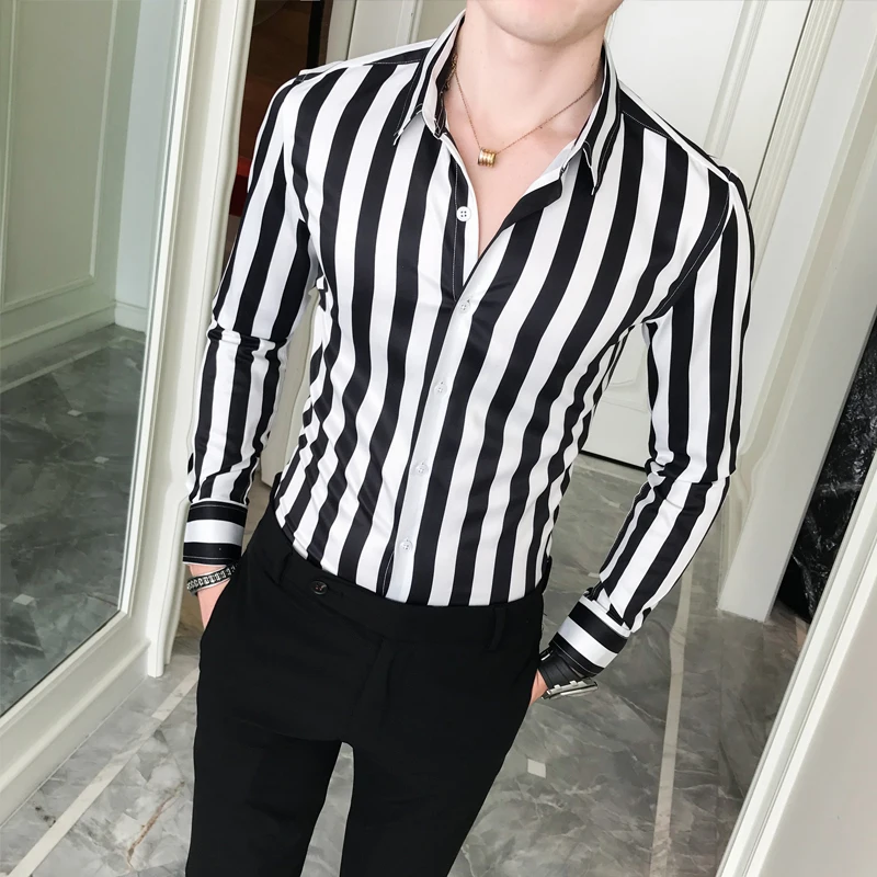 

Brand designer men's striped shirt quality men's business Slim long-sleeved shirt men's petticoat male social club casual shirt
