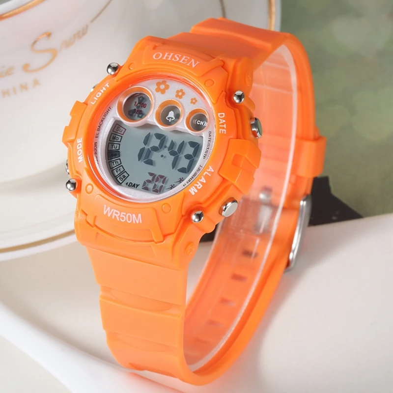 Горячая Распродажа OHSEN оранжевый Детские светодиодные цифровые часы силиконовый