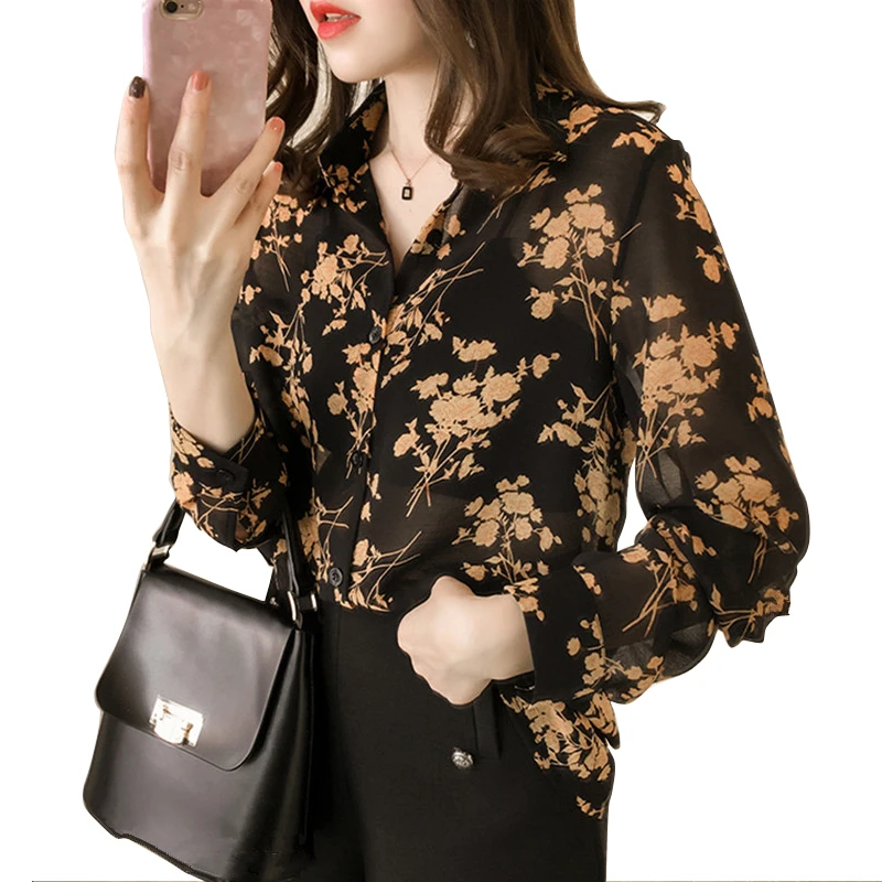 Women Retro Floral Printing Tops Fashion Sweet Chiffon Blouse Chic Shivering Shirt Long Sleeves 4XL Plus Size |