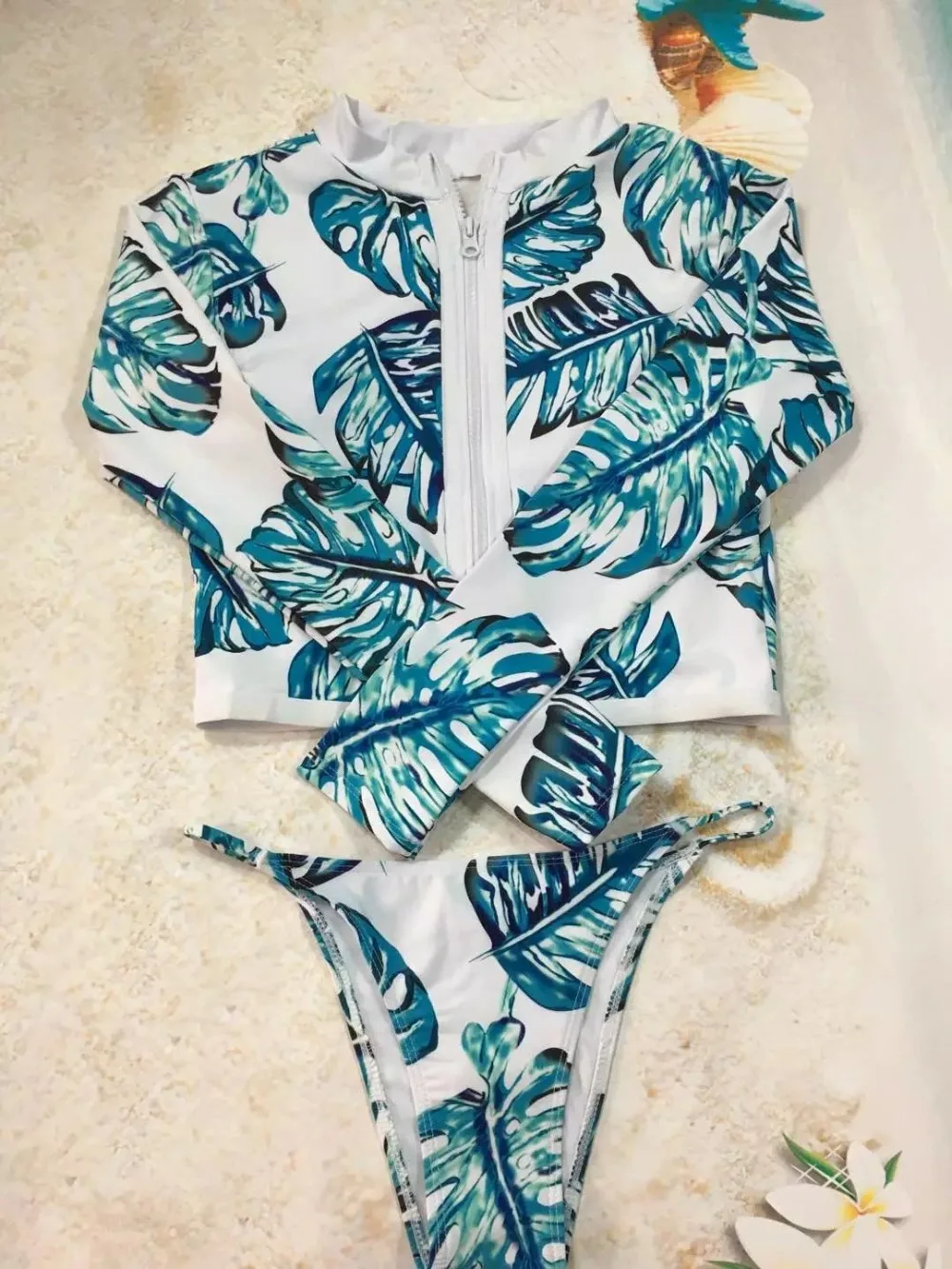 

2017 Printed leaves Women Two-Piece Suits Bikini Long sleeves Mesh Swimsuit Swimwear with zipper Maillot De Bain Femme
