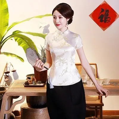 SHENG COCO 4XL 10 цветов китайские Топы Qipao рубашки сливы с цветочным узором Топы Cheongsam атласные летние женские черные красные розовые - Цвет: khaki yellow
