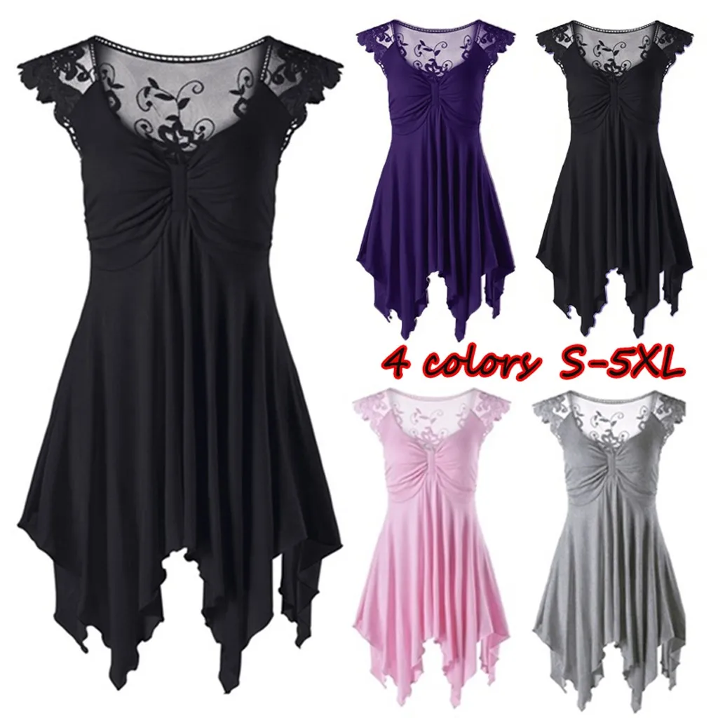2020 summer dress Fashion Women's V Neck Sleeveless Lace Irregular Loose Top Shirt Dress (S-5XL) four colors high quality sales | Женская