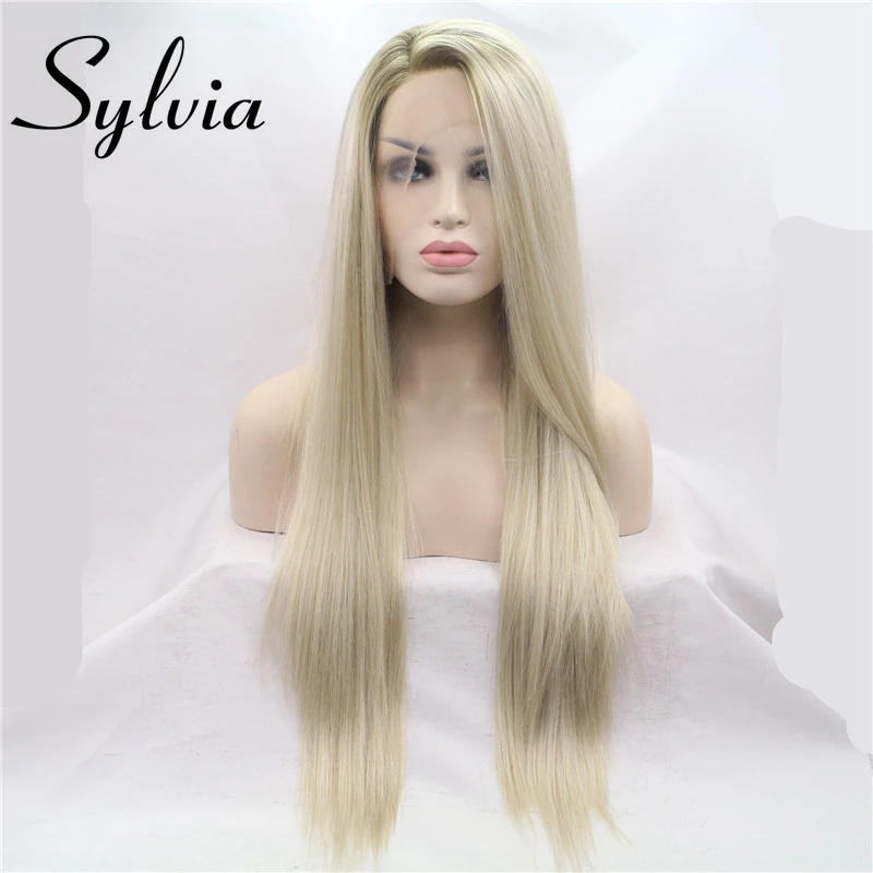 Sylvia Ombre Blonde Glueless парики на кружеве 2 тона цвет КОРИЧНЕВЫЙ корни боковая часть длинные прямые термостойкие синтетические женские волосы