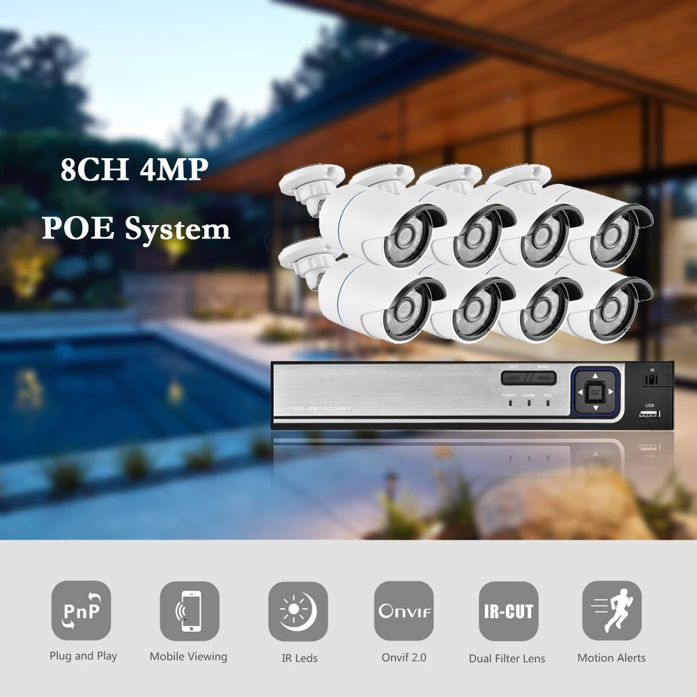 AZISHN H.265 8CH 4MP POE камера безопасности Система комплект аудио запись ip-камера ИК Открытый водонепроницаемый CCTV видеонаблюдения NVR комплект