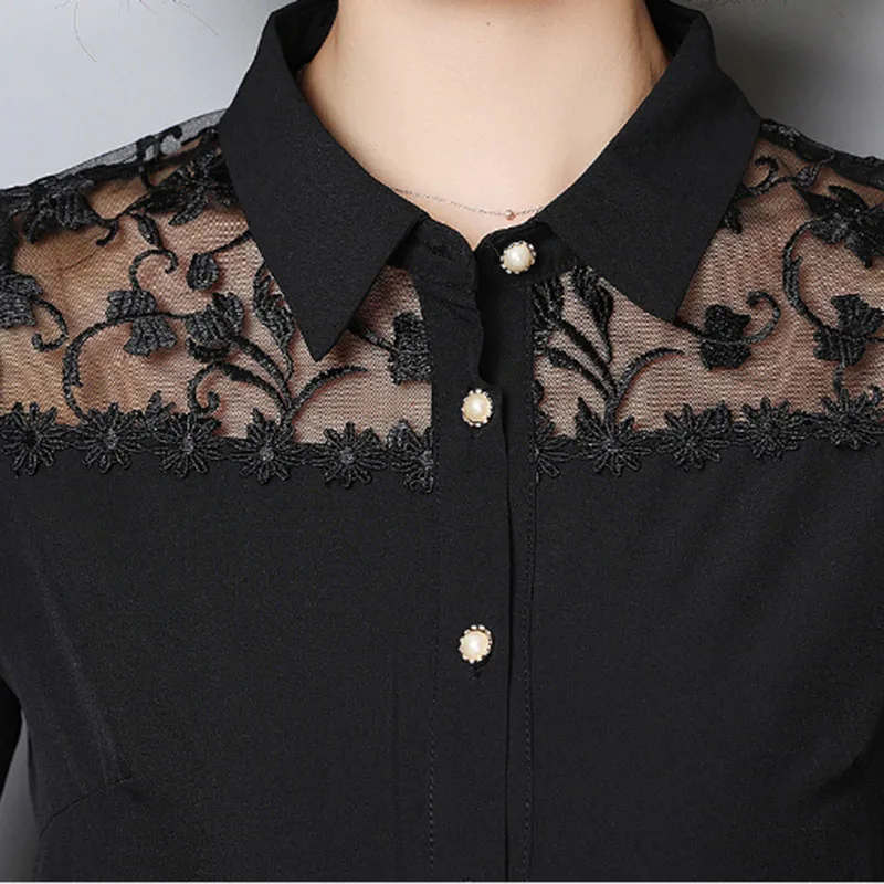 Блузка женская кружевная с отложным воротником и длинным рукавом в стиле