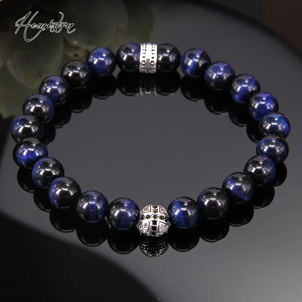 Браслет эластичный мужской с синими бусинами тигрового глаза 8 мм|bracelet with|elastic