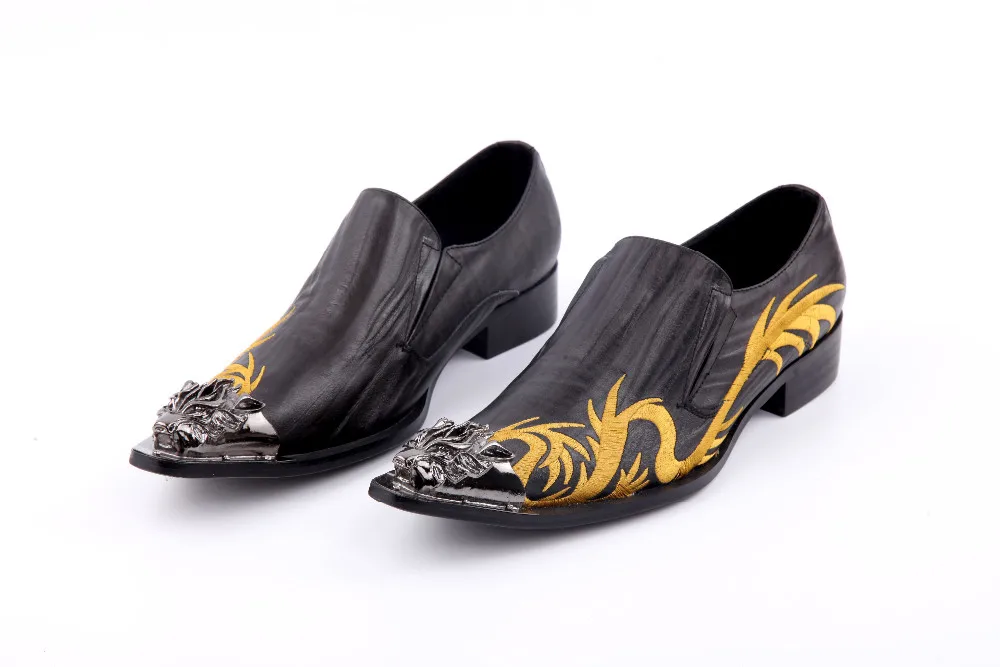 

2018 Genuine leather Metal Pointed toe Men Dress Shoes Flat heel Wedding Party Evening Oxfords