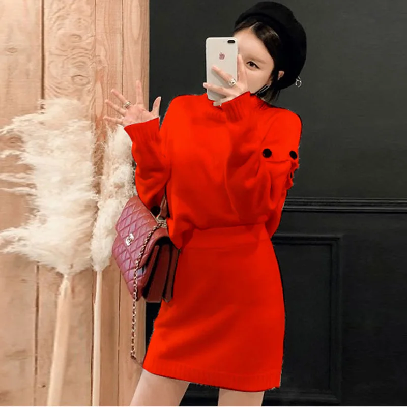 HAMALIEL Turtlenek/Зимний женский вязаный комплект из 2 предметов 2018 красный Свободный