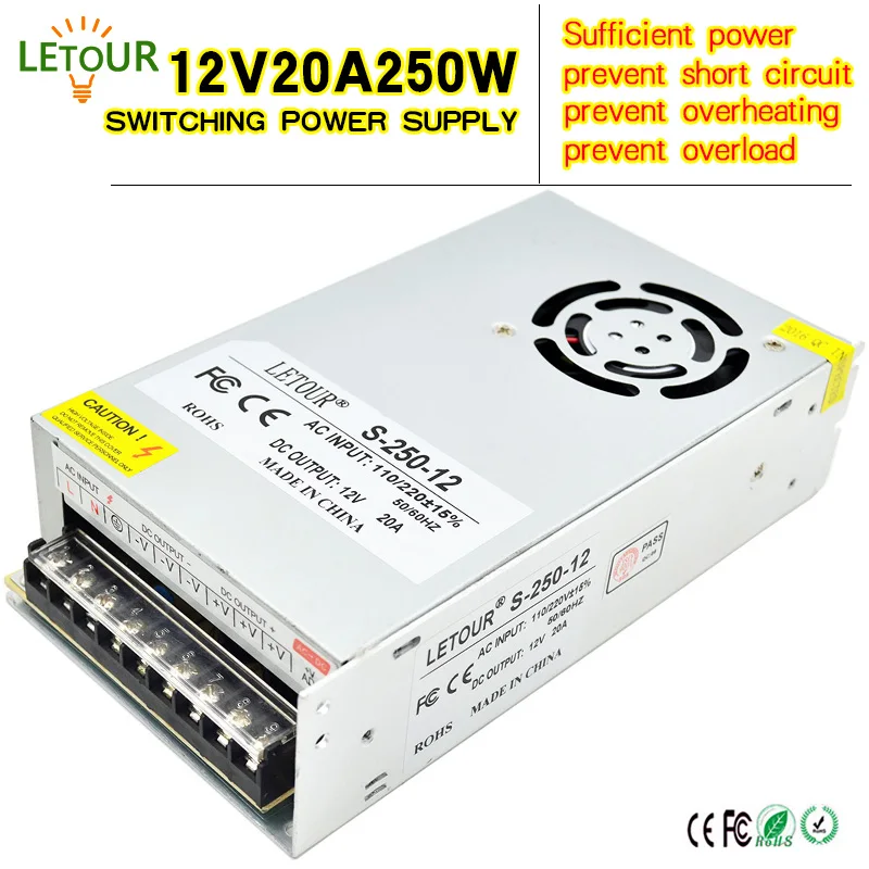 

12V 20A 250W Switching Power Supply AC 96V-240V Converter Adapter DC12V Power Supply LED Driver for LED Strip CCTV CE FCC Cert