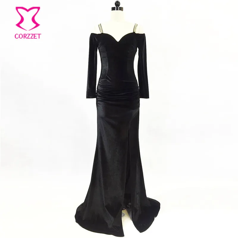 Black Velvet Deep V Neck Diamond Strap Backless Full Sleeve Side Split Mermaid Party Dress Women Banquet Nightclub Sexy Dresses | Женская