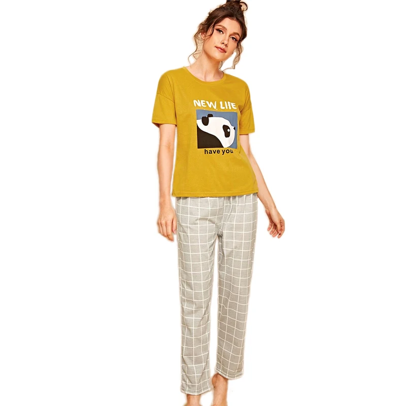 Dotfashion/футболка с принтом панды и штаны в клетку, Женский комплект, Повседневная Пижама, летняя одежда для сна, женские длинные пижамные комплекты