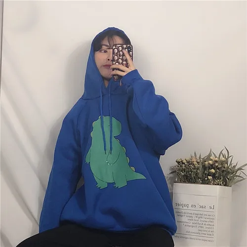 blue3692 Весенние толстовки с капюшоном в стиле Харадзюку, женские повседневные Свободные флисовые Топы с капюшоном и принтом динозавра из мультфильма, милая одежда больших размеров для студентов - Цвет: blue3692