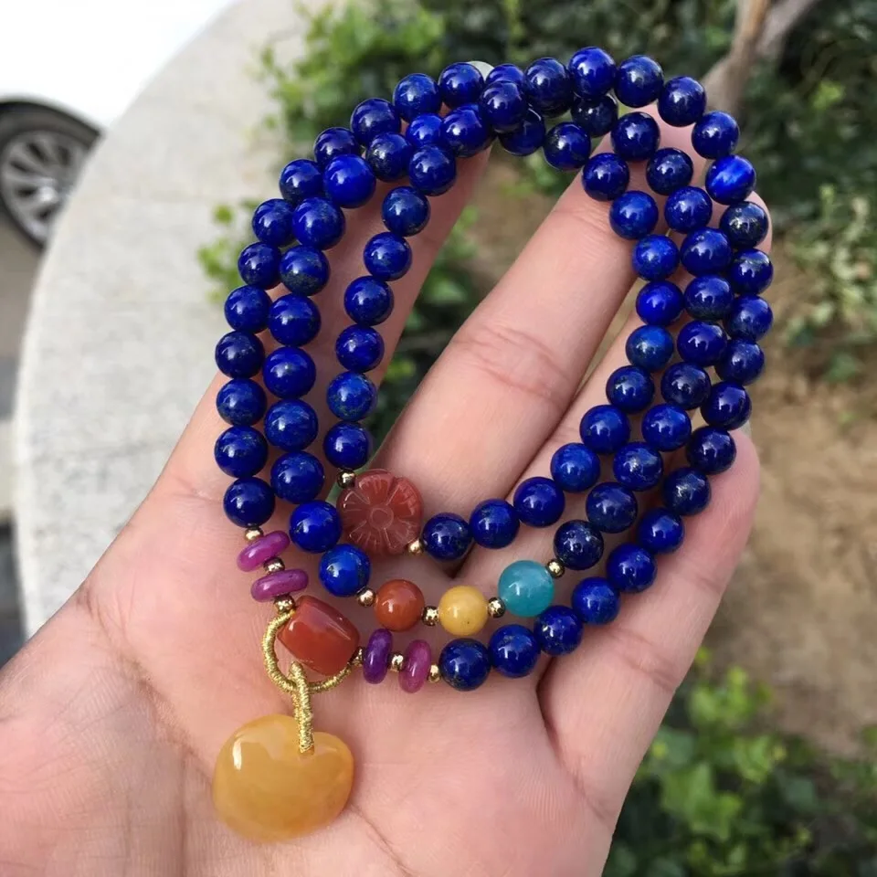 

6.2mm Genuine Natural Lapis Gemstone Bracelet Yellow Amber Pendant For Women Female Gift Crystal Stretch 3 laps Bracelets AAAAA