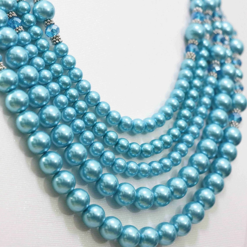 5 рядов ожерелье серьги цвет небесно-синий имитация жемчуга Shell стеклянные бусины
