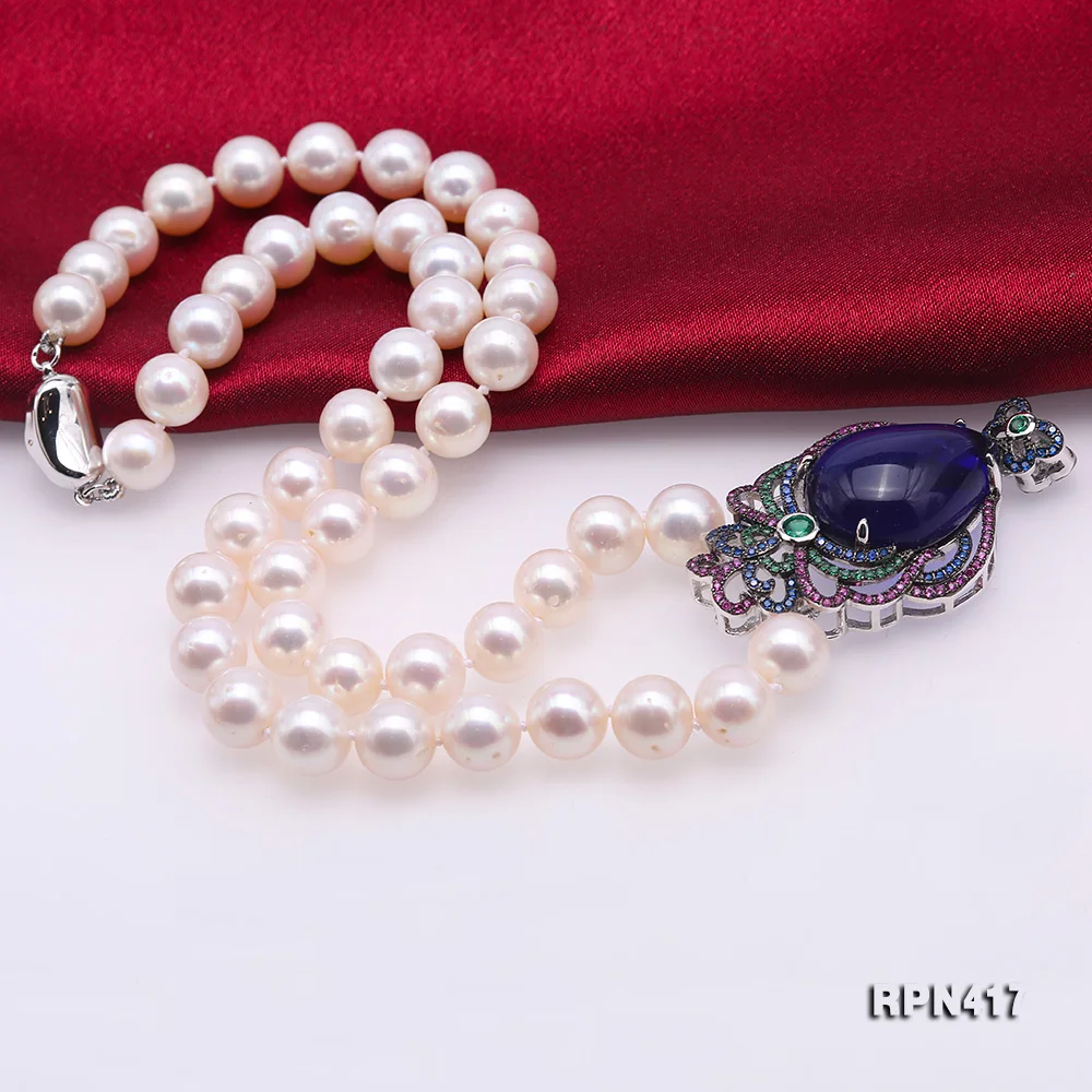 

JYX 2019 Queen style Pearl Necklace colorful 8.5-9mm White natural Freshwater Cultured Pearl Crystal Pendant Necklace 18.5