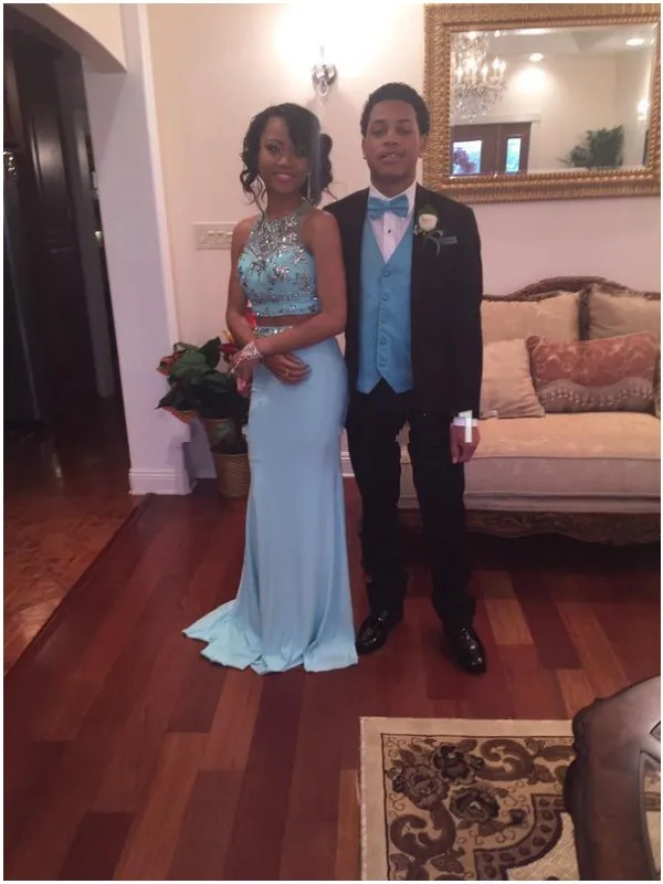 Мода Шифон Бисером O Шеи Русалка Голубой Двух Частей Темно-Бордовый Длинные