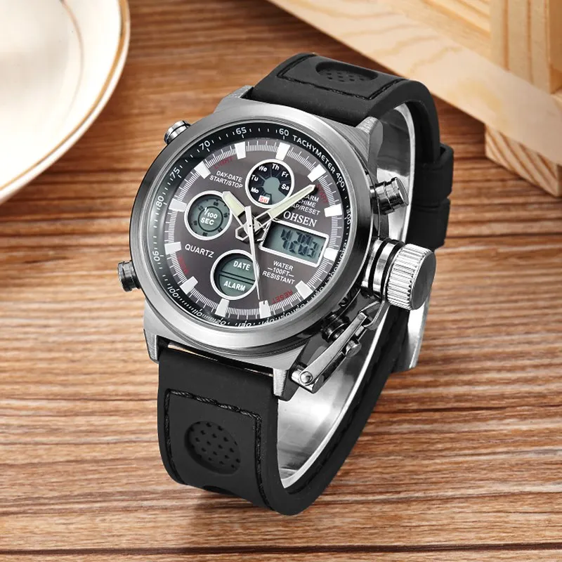 Мужские спортивные кварцевые часы с будильником и двумя часовыми