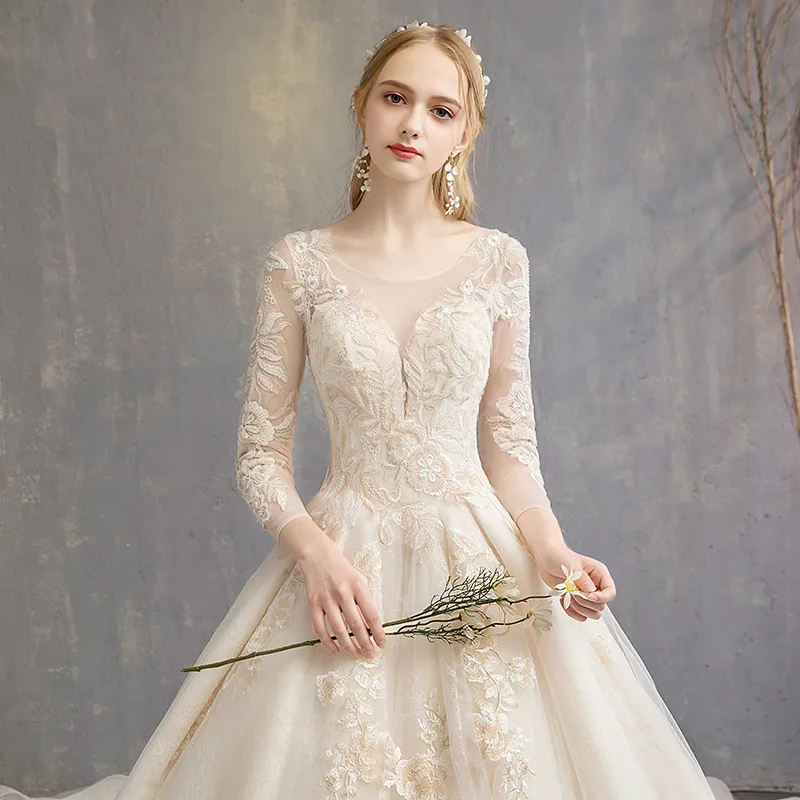 SSYfashion свадебное платье с глубоким вырезом и рукавами 3/4, со шнуровкой сзади, длина до пола, кружевное роскошное свадебное платье, свадебное платье на заказ, Vestidos De Novia - Цвет: floor length