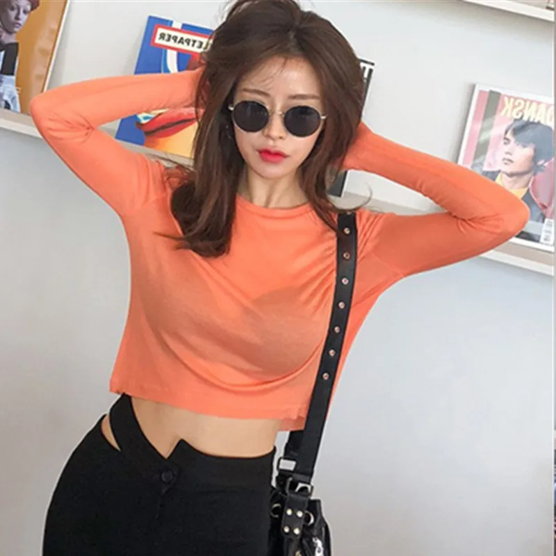 Новая весенняя Сексуальная футболка Женская эластичная в Корейском стиле