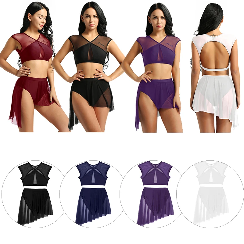 Fashion Women Two-piece Sports Dance Mesh Splice Crop Top with Ballet Gymnastics Shorts Skirt Stage Lyrical Dance Costumes Set