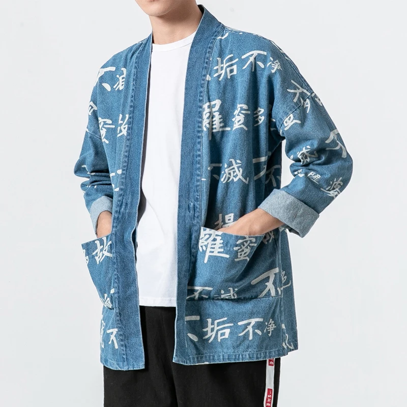 Мужская Уличная Хип хоп модная повседневная куртка кимоно из денима Harajuku уличная