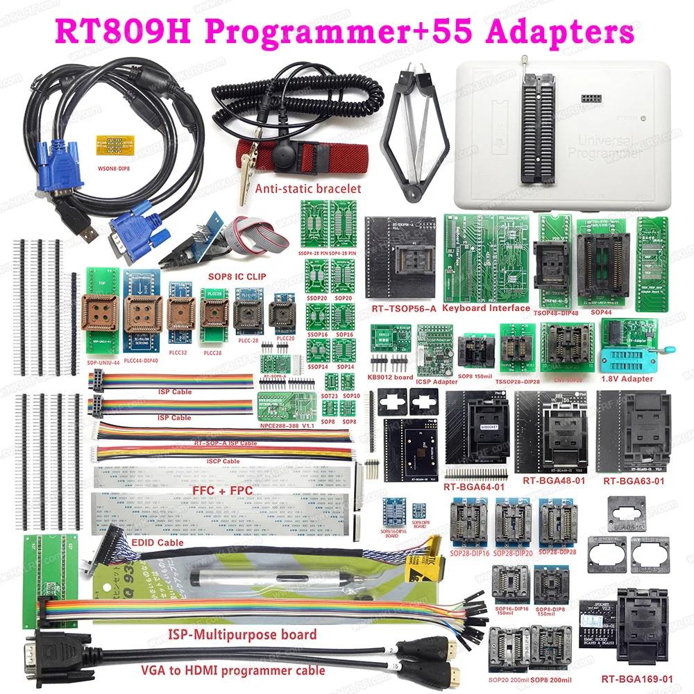 RT809H EMMC-NAND флэш USB программист+ 55 предметов BGA48 BGA64 BGA169 TSOP56 SOP44-DIP44 все адаптеры с EDID Cble+ ручка