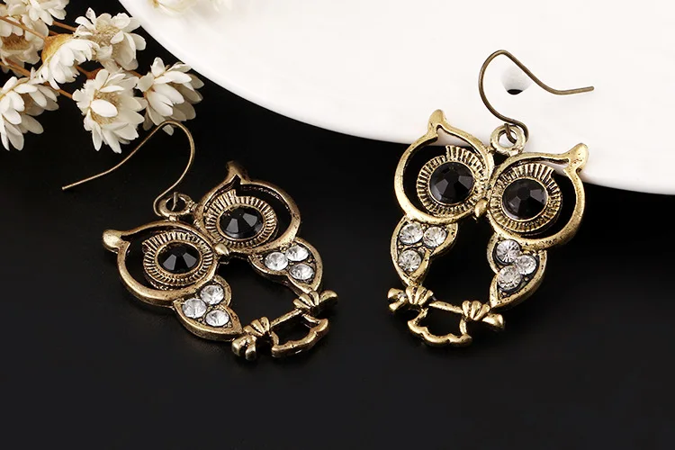 Богемные винтажные Кристальные серьги для девочек aros boucle d'oreille, черные маленькие серьги-гвоздики в виде совы для женщин