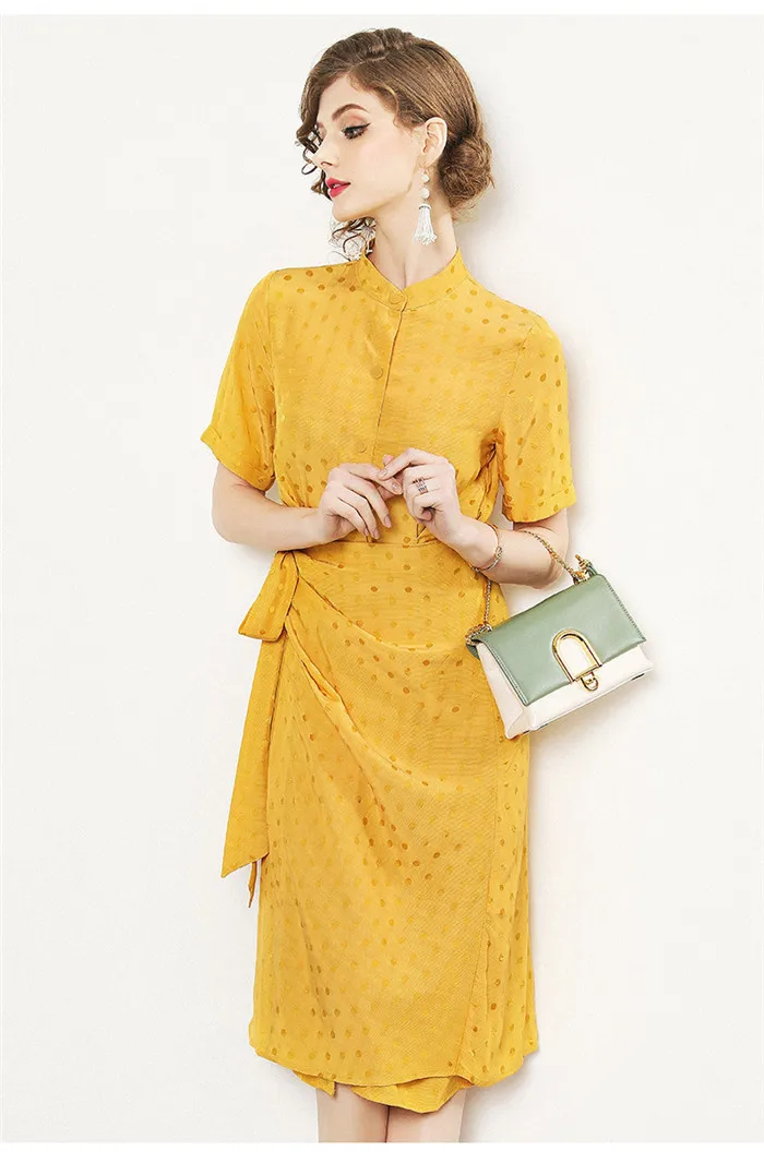 2019 летнее женское с круглым вырезом коротким рукавом желтое в горошек хлопковое