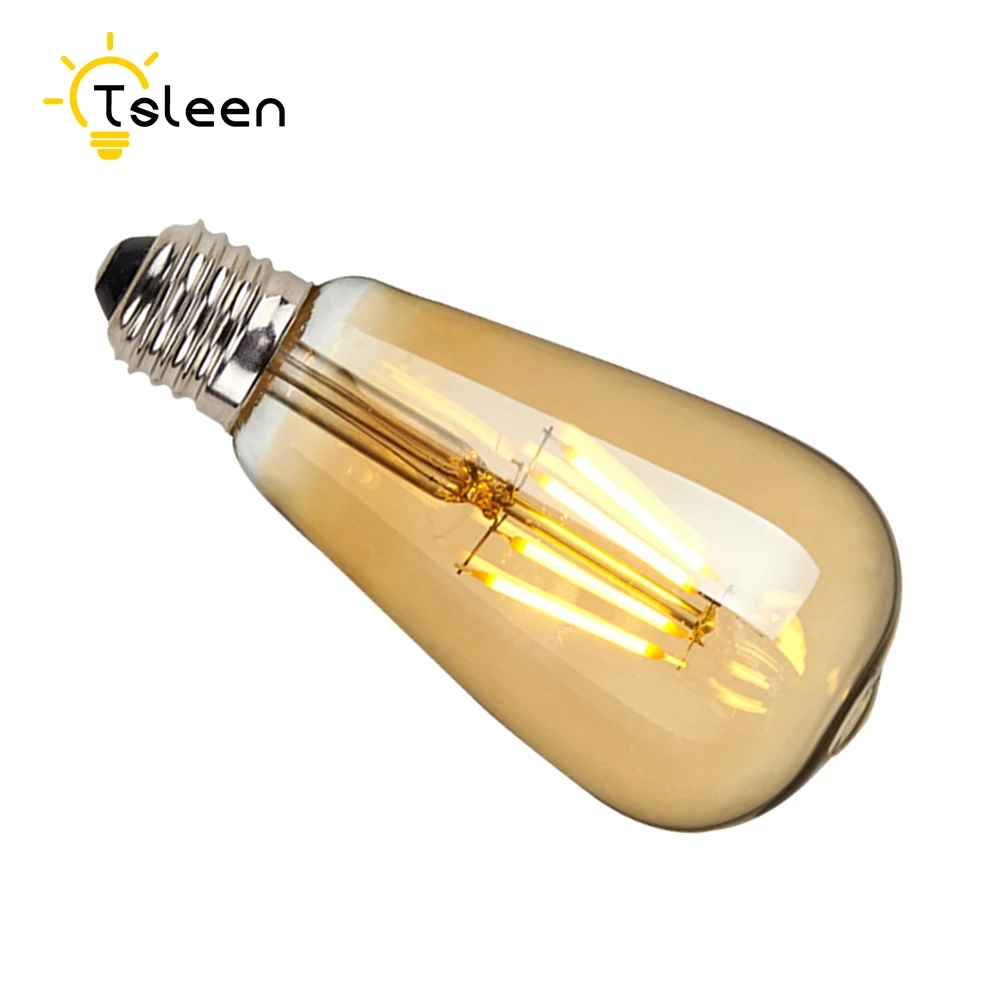 TSLEEN светодиодный Лампа накаливания с регулируемой яркостью лампы E26 220V 110V ST64 ретро Edison led светильник лампы 16 Вт Lamparas светодиодный E27 Золотой Стекло оболочки Глобус лампы